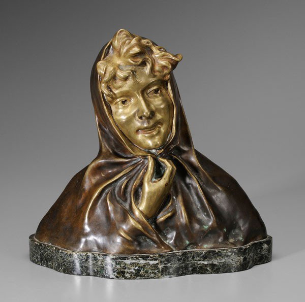 Bronze Bust: European, smiling young woman clasping cloak to chin, unsigned, patinated bronze on conforming mottled green and white marble base, 12 in., minor corrosion, scratches and abrasions, minor chips to mar