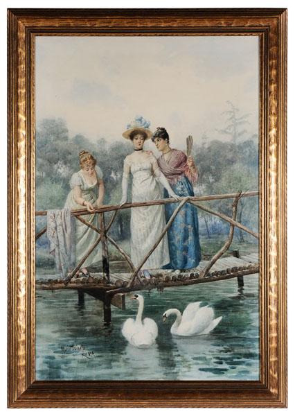 Mario Spinetti: (Italian, 1842-1909), "Feeding the Swans", signed lower left "Mario Spinetti/Roma", watercolor over pencil on paper, 38-1/2 x 25-1/2 in., early 20th century gilt wood frame with label verso "McClees G