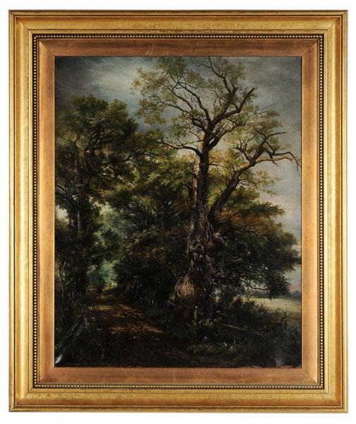 British or Dutch School: (19th century), "A Country Lane", unsigned, oil on canvas, 26-1/4 x 20-7/8 in., modern gilt wood frame, original stretcher and tacking edge, possible retouch lower left, crackle, cupping, flaking; fra