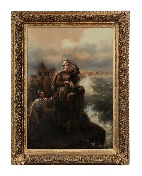 Manner of Theodore Gerard: (Belgian, 1829-1902), "Keeping Watch", bears signature lower left "T [or F] G?rard", oil on canvas, 39 x 29 in., late 19th/early 20th century gilt wood and composition frame, restretched on new stretc