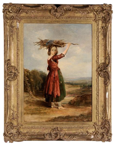 British School: (circa 1830), "The Wood Gatherer", oil on canvas, 30-1/4 x 21-1/8 in., original gilt wood and composition frame, original stretcher and tacking edge, retouch on face and back, crackle, one point of fl