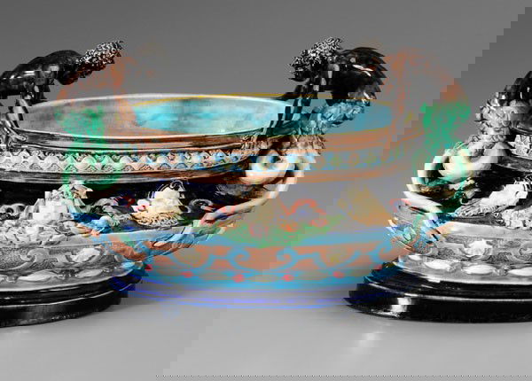 Hugo Lonitz: (German, working after 1876), majolica bowl, base impressed marks for Hugo Lonitz (oval with two fish), 7-1/2 in., excellent condition, minor glaze imperfections on rim as made, no repairs or damage f