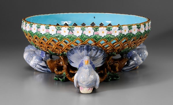 Majolica Pierced Bowl: British, circa 1870, supported by three pigeons and branch, bowl with latticework and floral rim, marked "MINTON 874", 5-7/8 x 12-1/8 in., minor surface abrasions, otherwise excellent condition, no re
