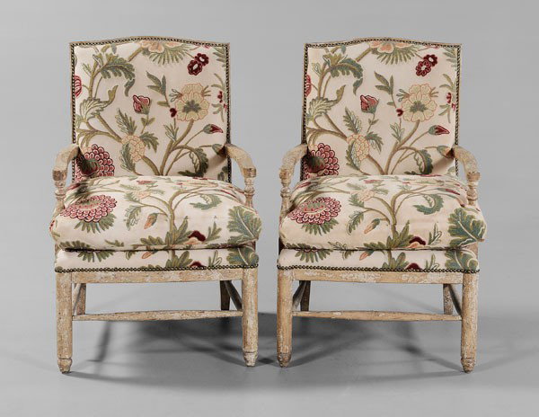 Pair Paint-Decorated Open-Arm Chairs: modern, distressed painted wooden frames, each with crewelwork upholstery and loose cushion, label on scrim "Minton-Spidell", 37-1/2 x 24 x 22 in., paint loss and surface distress as made, upholstery 