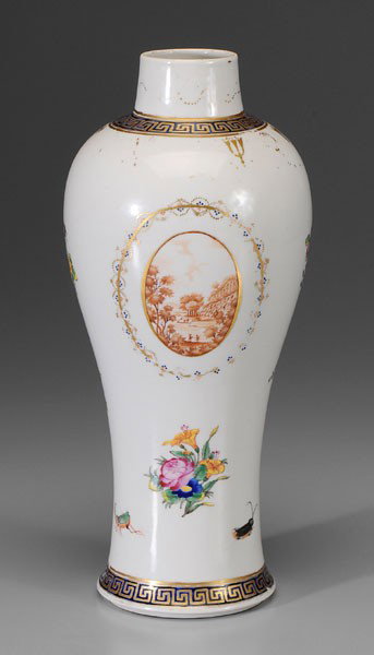 Export Garniture Vase: Chinese for the Western market, 18th century, tall meiping form, oval cartouche with sepia European landscape, verso with sepia and gilt urn, scattered floral sprigs, insects, base and foot with cobal