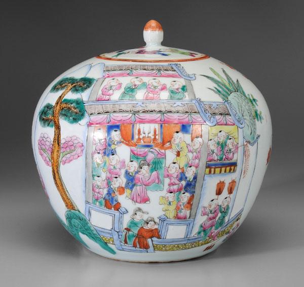 [Famille Rose] Lidded Jar: Chinese, late 19th/early 20th century, "Hundred Boys" decoration, boys celebrating a festival with The Dragon Dance, dragon boat, procession on hobby horses, playing musical instruments, base with iro