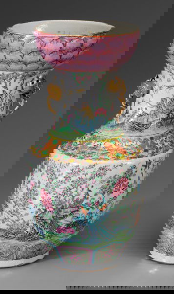 [Famille Rose] Vase: Chinese, 19th century, rose Canton, spade-form body, bowl-form mouth molded as lotus petals, applied lotus handles, unusual decoration of monkey seated on rock and waving stick at insects, birds and d