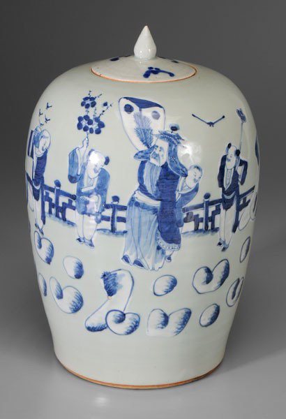 Celadon Jar: Chinese, 20th century, blue and white decoration, court officials and attendants, 12-5/8 in., minor scratches, glaze flaws