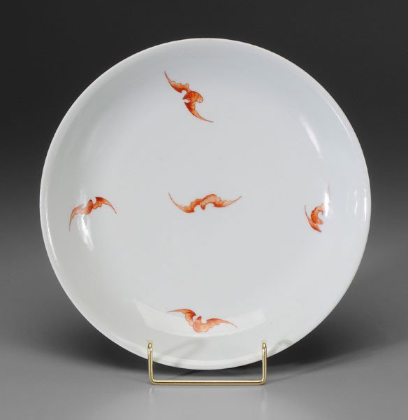 [Famille Rose] Porcelain Bowl: Chinese, 20th century, exterior with tree, flowering plants including a hosta, two iron-red bats, interior with five iron-red bats, base with blue Qianlong seal mark, (1735-1795), 1-3/4 x 9-1/2 in., v