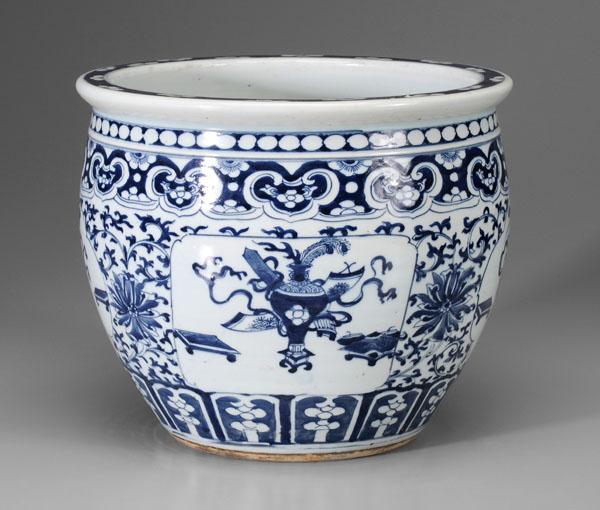 Blue and White Fish Bowl: Chinese, 19th century, cartouches with "Hundred Antiques" on a scrolling lotus ground, 10-3/8 in., minor scratches and interior accretion Provenance: Former Estate of Florence Ueltzen, Fort Mill, Sout