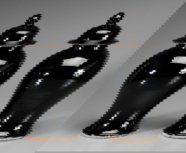 Pair Mirror Black Lidded Jars: Chinese, 19th century, baluster forms, drop finials, 18 in., minor glaze flaws, otherwise excellent condition Provenance: Purchased from the Estate of the Late Edward V. Babcock, Mayor of Pittsburgh,