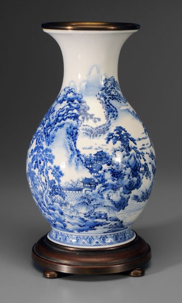Blue and White Vase: Chinese, 20th century, pear form, finely detailed landscape with houses, walls, boy on ox, base with blue mark, possibly [Tan ning chai chih] (Made in the pavilion of peace and tranquility), now mount