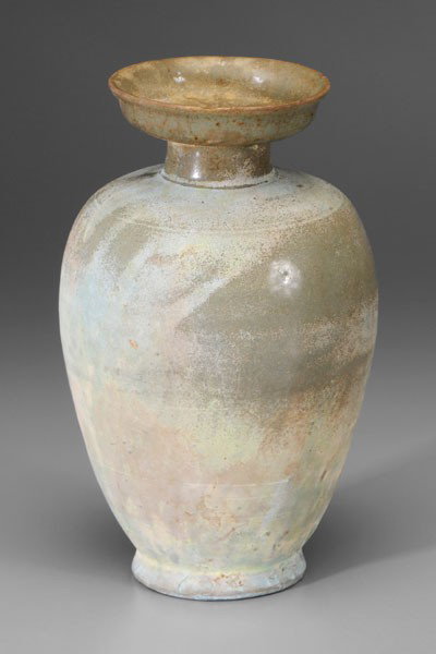 Celadon Vase: Chinese, Han dynasty (BC 206-AD 220), conical with cup-form mouth, large areas of glaze degraded to chalky pastels, 9-3/4 in., repaired mouth, cracks to body