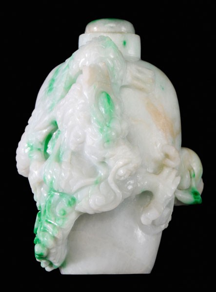 Hardstone Snuff Bottle: Chinese, 20th century, white stone with green mottling, dragon with pearl coiled on the conical form, 2-3/4 in., loss to one whisker and one strand in tail tuft, very minor chips to antlers and one cl
