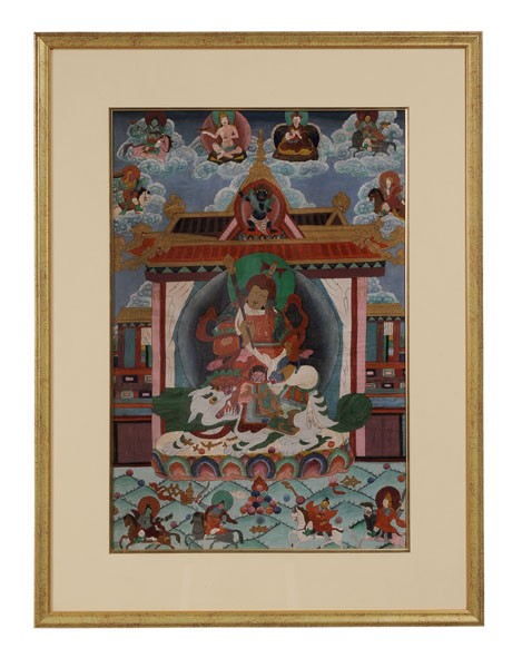 Thangka, Lokapala Vaishravana: Tibetan, 20th century, ink and pigment on canvas, Guardian of the North, dressed in armor and seated on a Buddhist lion, a mace in his right hand, his left hand holding a mongoose emitting jewels from