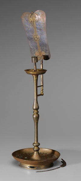 Brass and Copper Candlestick: Chinese, 20th century, five-part construction, drip plate, candleholder, rotating holder for copper reflector with etched [shou] symbol, applied bats, fits into shaft attached to wide footed base, wit
