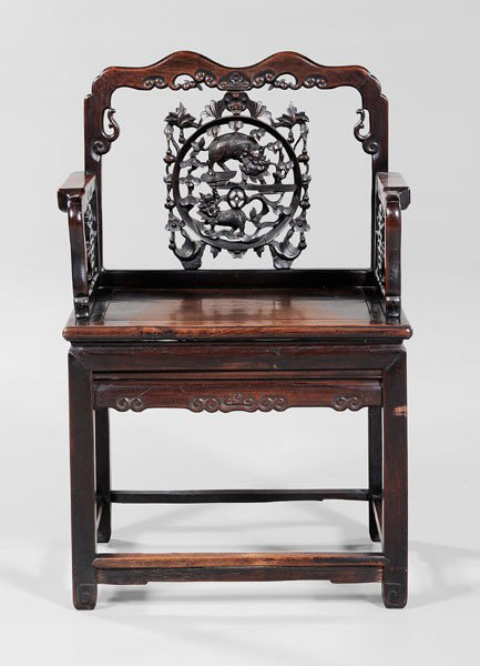 Armchair: Chinese, early 20th century, exotic hardwood, mortise-and-tenon construction, splat with two Buddhist lions within ring held by bat, [shou] arm supports, stretcher base, with fitted cushion, 38-1/2 x 