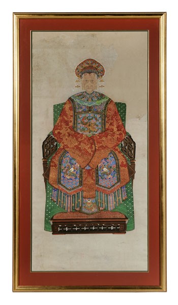 Ancestor Portrait: Chinese, 19th century, ink and color on paper, very finely painted elderly lady in elaborate headdress and gown with 4th rank civilian badge of wild goose, seated in a fabric-draped chair, 53-1/8 x 26