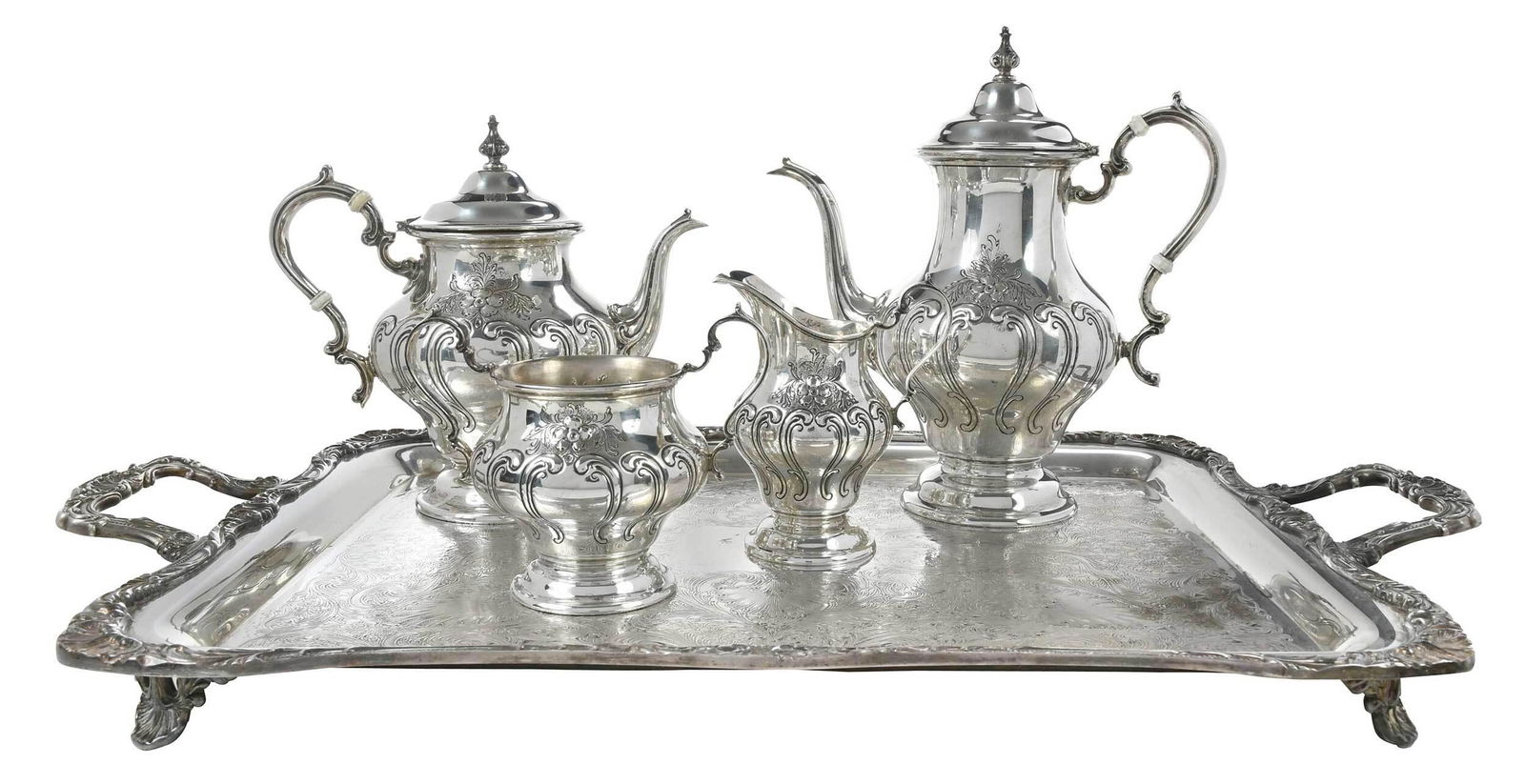 Four Piece Sterling Tea Service, Silver Plate Tray (1 of 12)