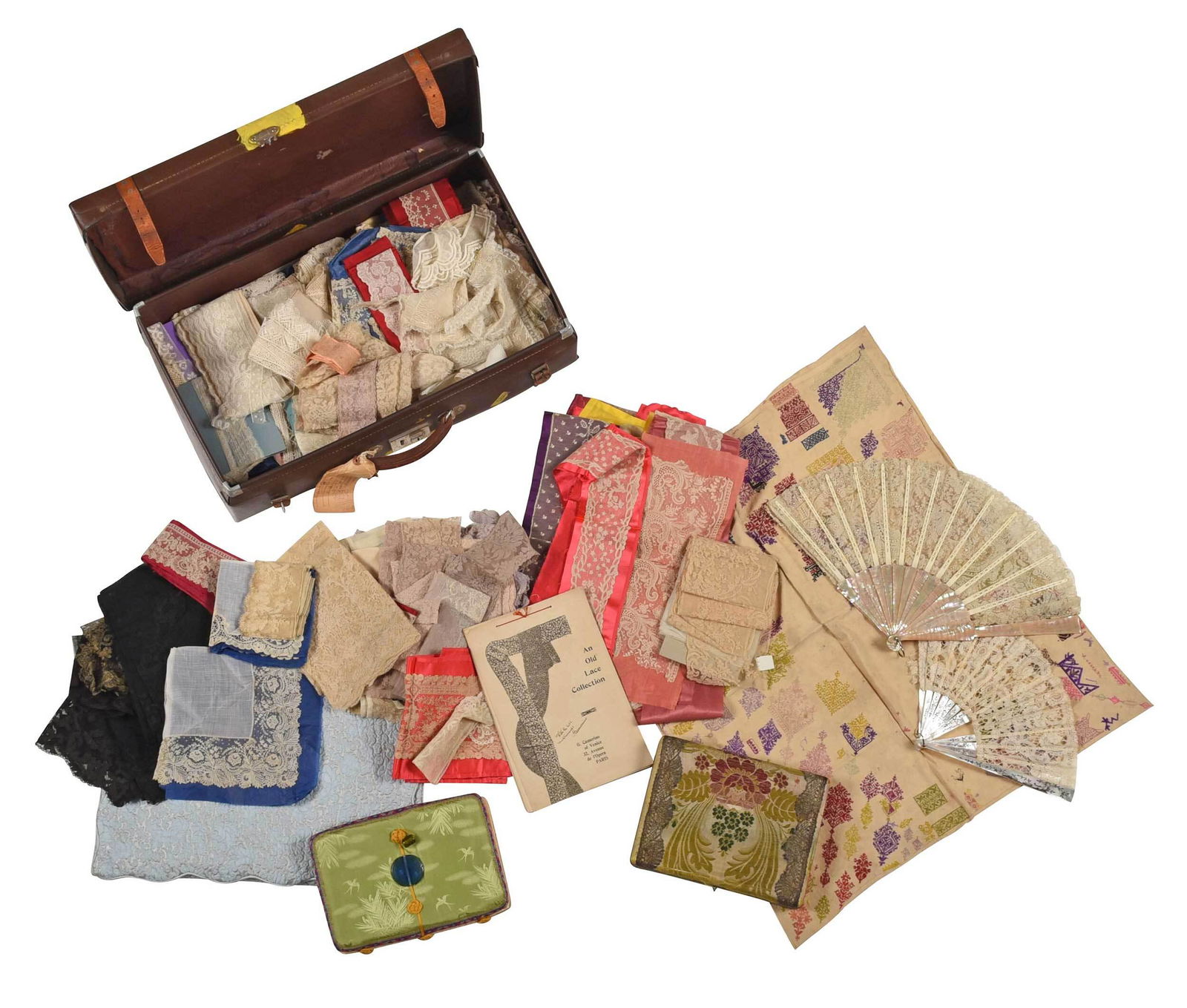 Collection of Fine Handmade Continental, British Lace: primarily 19th century, some earlier, comprising: handkerchiefs, tape lace examples, collars, and others, two silk decorative boxes containing lace samples, together with two lace wedding fans with mo