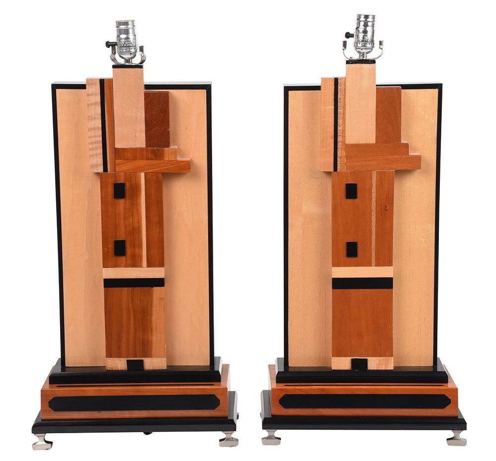 Pair Art Deco Style Wood and Metal Table Lamps (1 of 8)