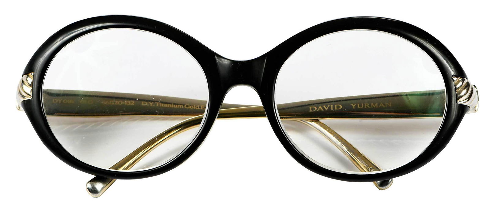 David Yurman Glasses: black resin and gold-tone frames, marked "DY 016, 01 G, 56 20-132, D.Y. Titanium Gold E.P", 6-3/4 in. outside hinge to hinge, 48.4 grams Provenance: Private Collection