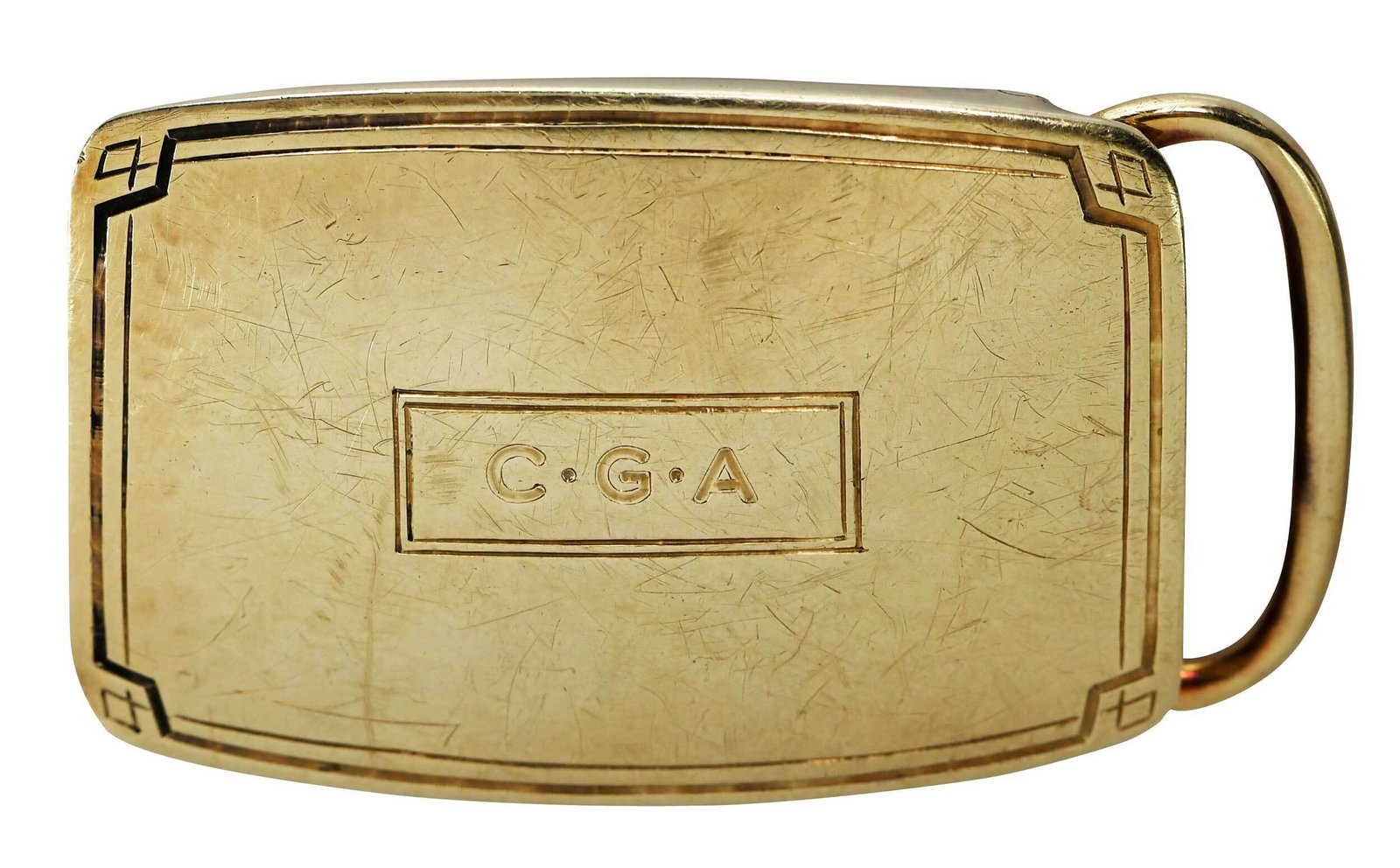 Tiffany & Co. 14kt. Belt Buckle: hand engraved, stamped "Tiffany & Co., 14kt., Pat. Mar 30, 1915, SBM", yellow gold, 1-1/4 x 2 in., 18.8 grams Provenance: Private Collection