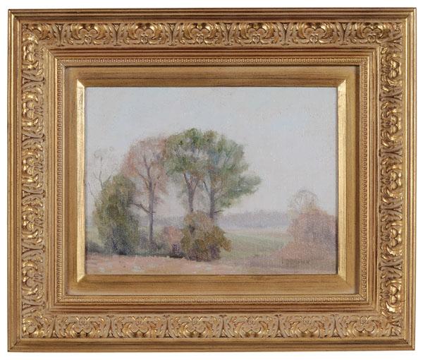 John Sylvan Brown: (Tryon, North Carolina,1868-1956), "Landscape", oil on canvas board, signed lower right "J.S. Brown", 8-7/8 x 12 in., modern gilt wood frame, cleaned, signature faint, frame with abrasions