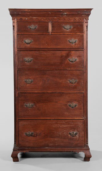 Fine Chippendale Walnut Tall Chest: Winchester, Virginia or Knoxville, Tennessee area, 1790-1800, walnut with yellow pine secondary, molded cornice with scalloped molding, two-over-five graduated drawers flanked by stop-fluted quarter c