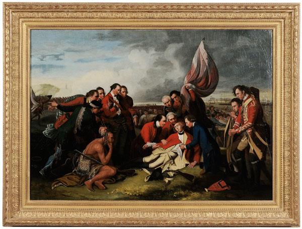 After Benjamin West: (Pennsylvania/United Kingdom, 1738-1820), late 18th/early 19th century, "Death of General Wolfe", bears signature "B. West", oil on canvas, 26-3/8 x 37 in., modern gilt wood and composition frame, res