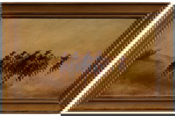 Alexander Charles Stuart: (Pennsylvania, 1831-1898), "Cavalry", oil on artist board, signed lower left "Stuart", 8-1/2 x 14-1/4 in., painted wood frame, board slightly warped, light abrasions, craquelure, grime, frame with abr