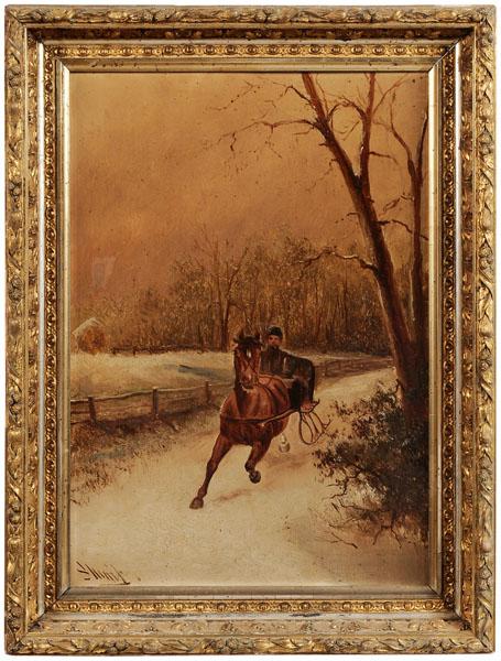 Alexander Charles Stuart: (Pennsylvania, 1831-1898), "Winter Landscape with Cossack in Troika", oil on canvas board, signed lower left "Stuart", 20 x 14 in., original 19th century gilt wood and composition frame, retouch at on