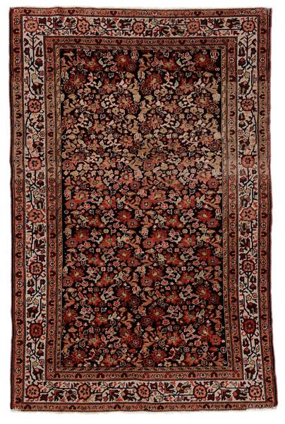 Mahal Rug: 20th century, overall floral designs on blue/black ground, 4 ft. x 6 ft. 6 in., generally even low pile, areas of wear with corduroy effect, slight end wear with later binding, possibly reselvedged
