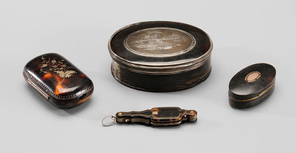 Four Pieces Tortoise: British and Continental, 19th century, hinged oval box, silver mounts, lid with engraved silver fox and goose, [chips on bottom rim;] hinged oval box, gilt mounts, pliqué-decorated lid, [gilding wear
