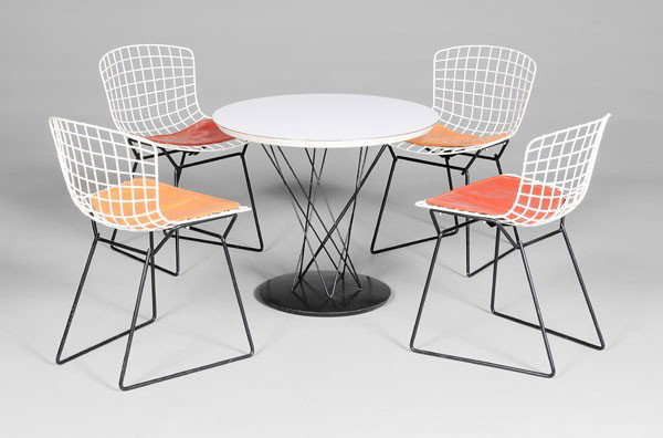 Knoll Children's Table: and Chairs designed by Bertoia, mid 20th century, labels for Knoll, Cyclone[trademark symbol] table originally designed by Isamu Noguchi (1904-1988) with circular white Formica© top on wire-form base