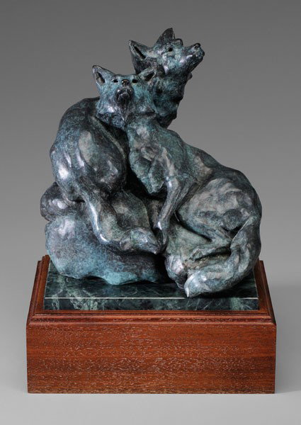 Sherry Salari Sander: (Montana, born 1941), "Whisper of Wings", bronze with [verdis gris] patination, with marble and wood base, signed "S. Sander 88©", 13-1/8 x 9-3/4 x 7-1/4 in., good condition Provenance: Trailside Gal