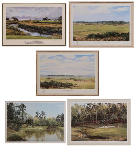 Five Golfing Prints: (late 20th century), Augusta, Georgia (2), St. Andrews, Scotland (2), Sea Island, Georgia (1), all offset lithographs, two Augusta National Golf Club, after Arthur Weaver (British, 1918-2008): "The 13