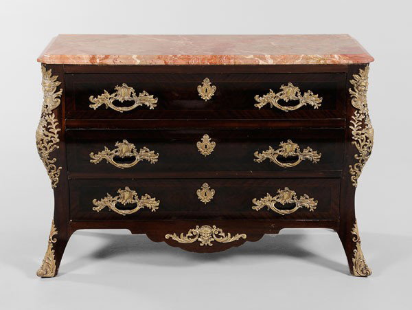 Louis XV Style Bombé Commode: Spanish, 20th century, set with figured veneers and elaborate bronze mounts, three long drawers, variegated salmon marble top, 35-1/4 x 47-1/4 x 21 in., generally good condition, mounts with some corr