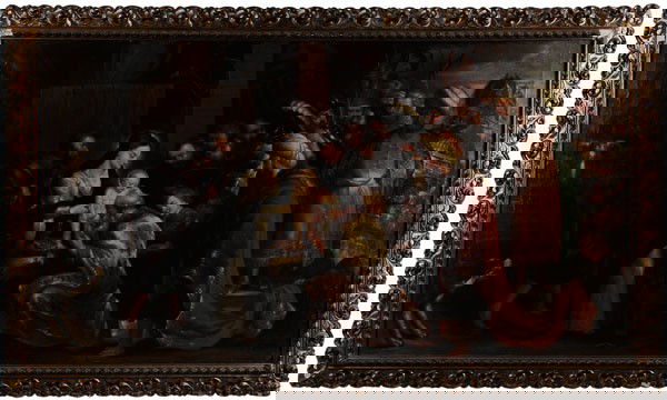 After Peter Paul Rubens: (Flemish, 1577-1640), 18th century, "Adoration of the Magi", oil on canvas, unsigned, 37-1/2 x 67-1/4 in., gilt wood and composition Florentine style frame, restretched on new stretcher, lined, scatte