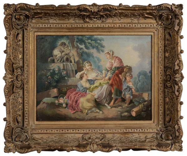 After Francois Boucher (1703-1770): 19th century, "The Fortune Teller", oil on canvas, unsigned, 19-1/4 x 27-1/2 in., 19th century gilt wood and composition French style frame restretched on old stretcher, lined, retouch bottom and top 