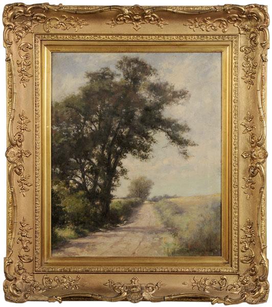 Norman M. Macdougall: (British, 1852-1939), "A Country Lane", oil on canvas, signed lower right "Norman M. Macdougall", 24 x 20 in., original gilt wood and composition frame with frame label for Alex Henderson, Glasgow, or