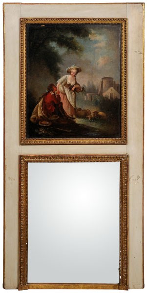 Louis XVI Style Trumeau Mirror: French, 18th or 19th century, oil on canvas depicting an amorous couple, 31-7/8 x 25-1/4 in., set in early 20th century putty-colored frame with gilt inner frame, mirror panel set in gilt frame, overa