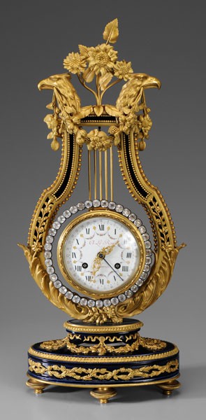Fine Le Roy Empire Porcelain Clock: French, early 19th century, gilt bronze mounts, lyre-form frame with eagle heads holding floral festoon, dial marked "Ch. Le Roy/Paris" (Basile-Charles Le Roy, 1765-1839), cut glass rosettes encirclin