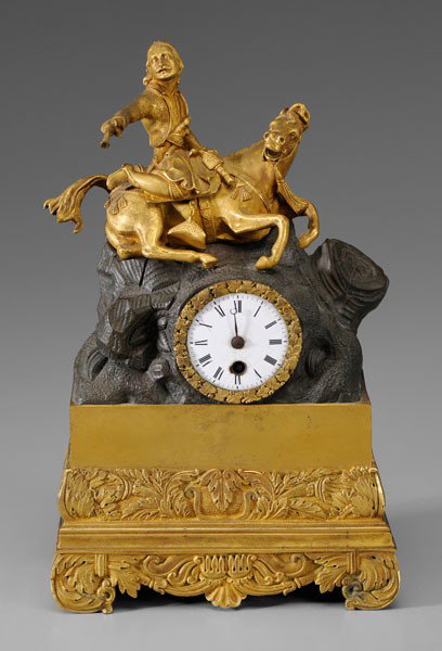 Bronze Doré Shelf Clock: French, 19th century, bronze pediment with Cossack figure on recumbent horse, finely cast and retaining most of gilt surface, base with fine Egyptian Revival ormolu detail, 12-1/2 in., clock not in wo