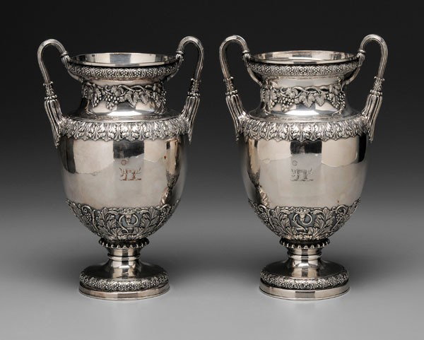 Fine Pair Old Sheffield Plate Wine: Coolers, English, early 19th century, Grecian vase form with grapevine and acanthus borders, let-in shield, key seams, heraldic device with log stump and smiling sun, one with marks for Waterhouse & C