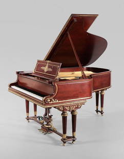 Steinway Grand Piano: American, 1909, Long Model A, serial number 136800, cherry with ornate gilt Louis XVI style ornamentation with acanthus leaves, grapes, vines and ribbon, 38-3/4 x 58 x 74-1/2 in., fine professional re