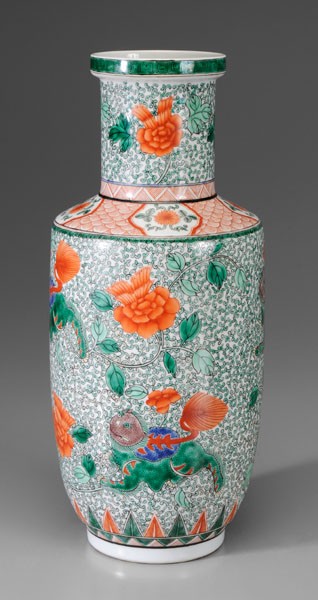[Famille Verte] Porcelain Vase: Chinese, 20th century, spade form, Buddhist lions, peonies on a green vine ground, base with green artemisia leaf, 17-3/8 in., drilled base, otherwise good condition