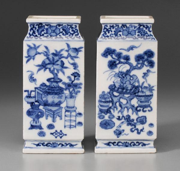Pair Blue and White Cong Porcelain: Vases, 20th century, "Hundred Antiques", bases with blue Daoguang (1821-1850) seal mark, 9 in., minor crazing, abrasions to edges
