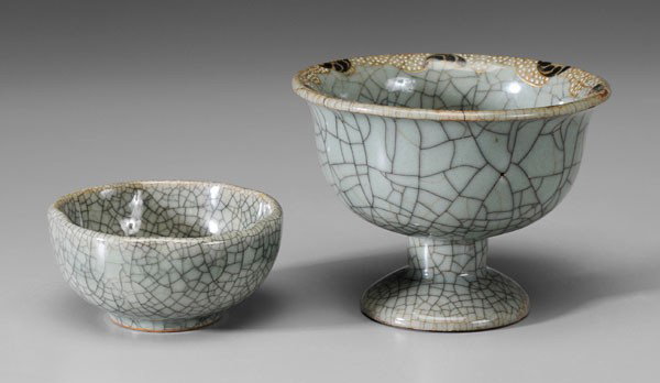Two Pieces [Ge-]Type Celadon Porcelain: Chinese, early 20th century, mallow form bowl, 1-7/8 in., [very minor scratches;] stem cup, inner rim with black and gilt on white enameled moriage-type border, interior and exterior with pink-enamele