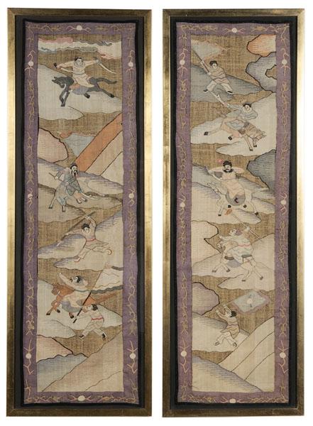Pair [Kesi] Panels: Chinese, late 19th/early 20th century, men with weapons, flags, on foot and on horseback, all running through a rocky landscape and within a border of vines and pearls, textiles with tapestry weave wi